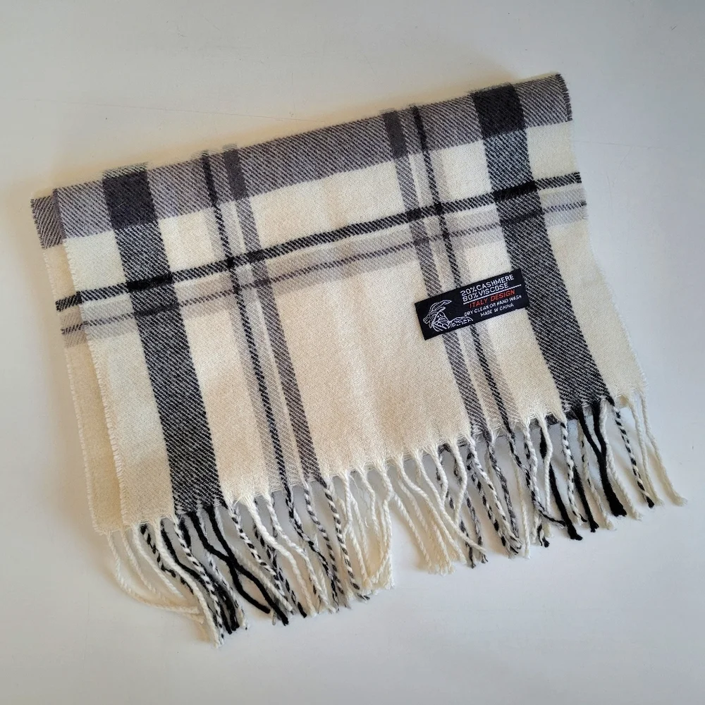 Cashmere Blend Plaid Scarf Cream Bkack Gray